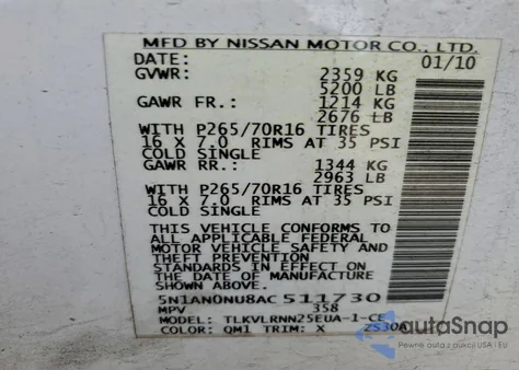 2010 Nissan Xterra Off Road z USA, uszkodzony, nr VIN 5N1AN0NU8AC511730